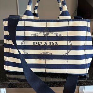 Prada Canapa Navy and White Canvas Tote